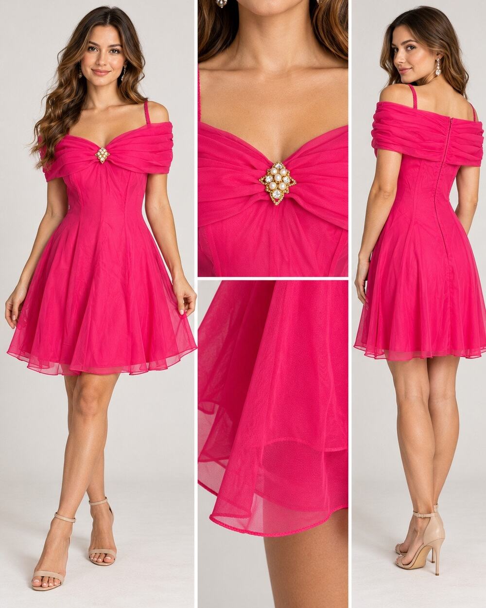 Vintage Hot Pink Off Shoulder Chiffon Cocktail Dress 11/12 retro homecoming hoco